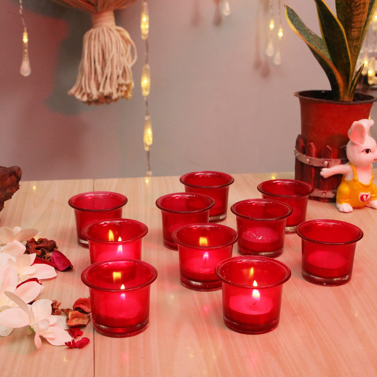 Homesake Tealight Holder, Glass Candle Holder Stand with Free Candle, Candle Holder for Home Decoration Diwali, 3Inch, Set of 10, Red, Cups