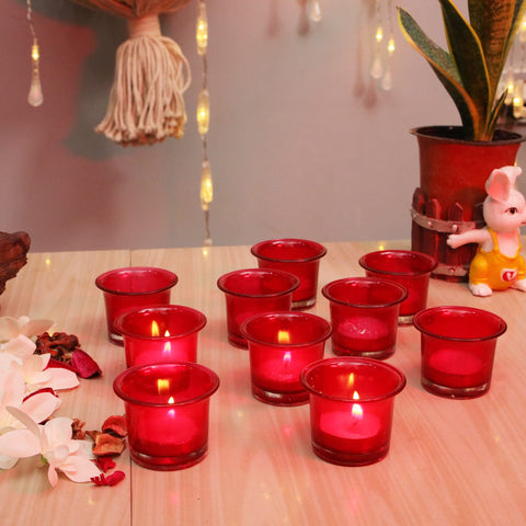 Homesake Tealight Holder, Glass Candle Holder Stand with Free Candle, Candle Holder for Home Decoration Diwali, 3Inch, Set of 10, Red, Cups