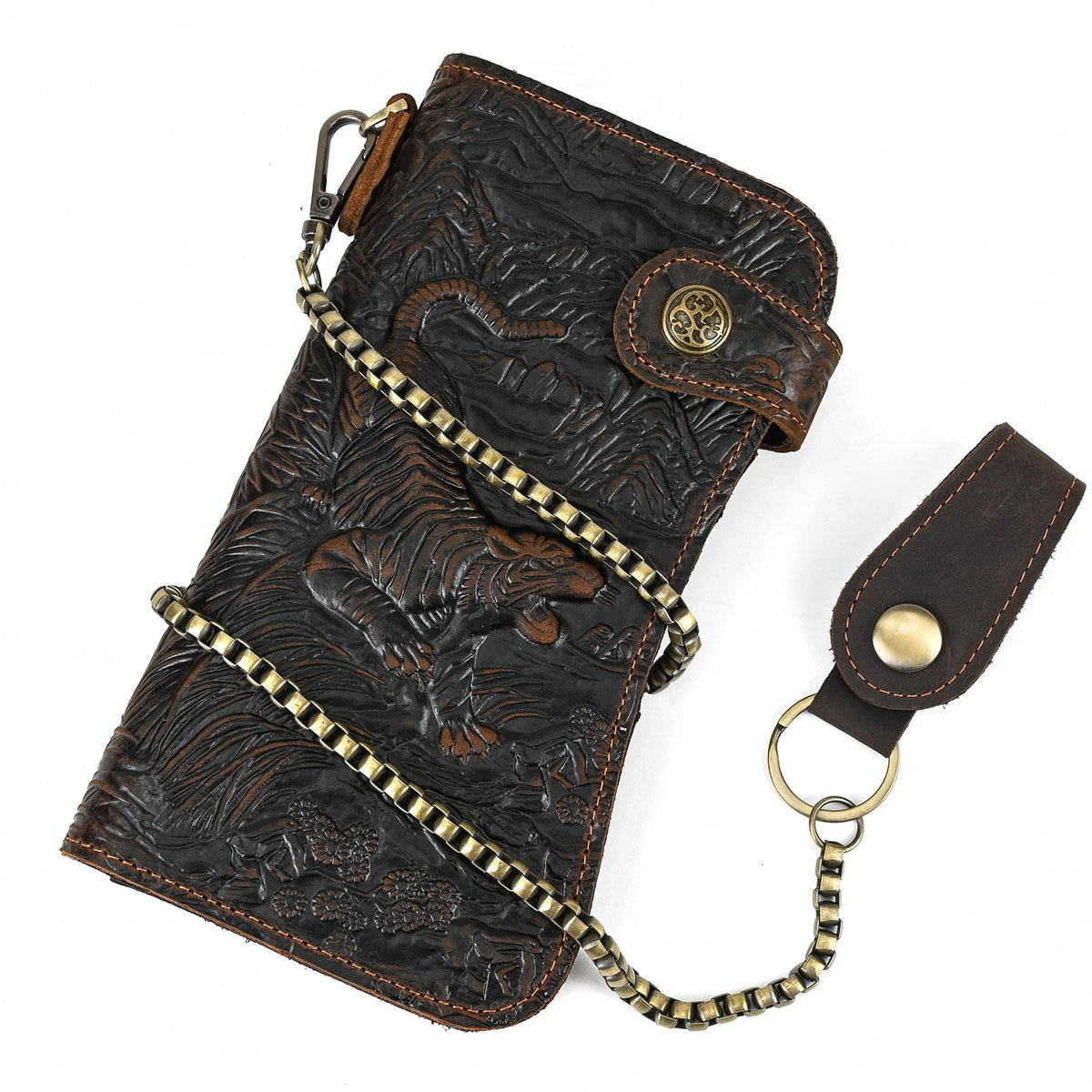 LUUFAN Men's Genuine Leather Long Wallet Chain Wallet Card holder Wallet with Coin Pocket (Tiger - Button 2)