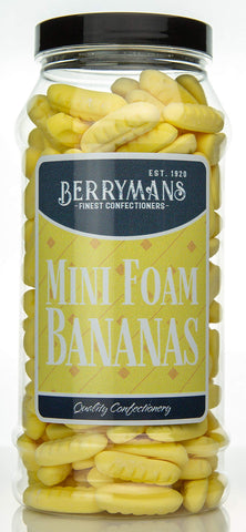 Original Mini Foam Bananas Retro Sweets Gift Jar by Berrymans Sweet Shop - Classic Sweets, Traditional Taste.