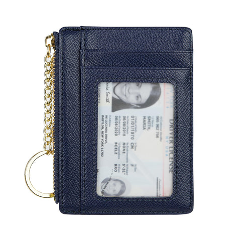 Women's 8 Cards Slim Minimalist Card Holder Coin Changes Purse Keychain Front Pocket Wallet with ID Window, Navy ID