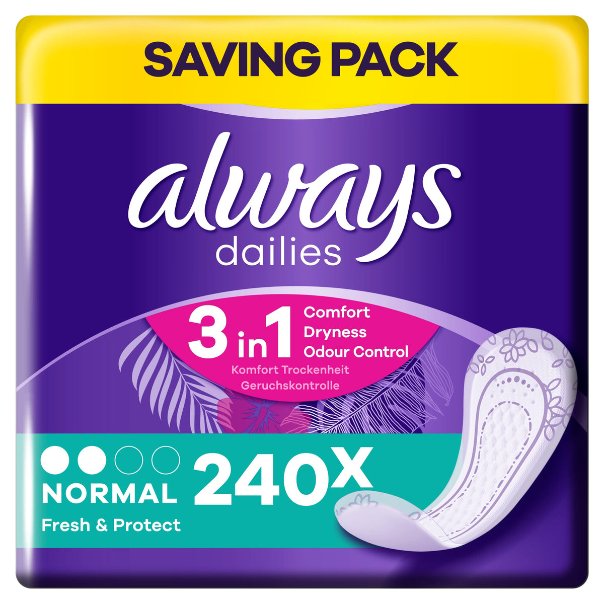 Always Dailies Panty Liners, Fresh & Protect, Normal, 240 Liners (60 x 4 Packs), SAVING PACK, Odour Neutraliser, Absorbent Core