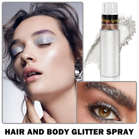 Body Glitter Spray for Women Body Shimmer Powder for Clothes Crafts Spray Glitter for Hair and Body?Festival Rave Accessories-Silver