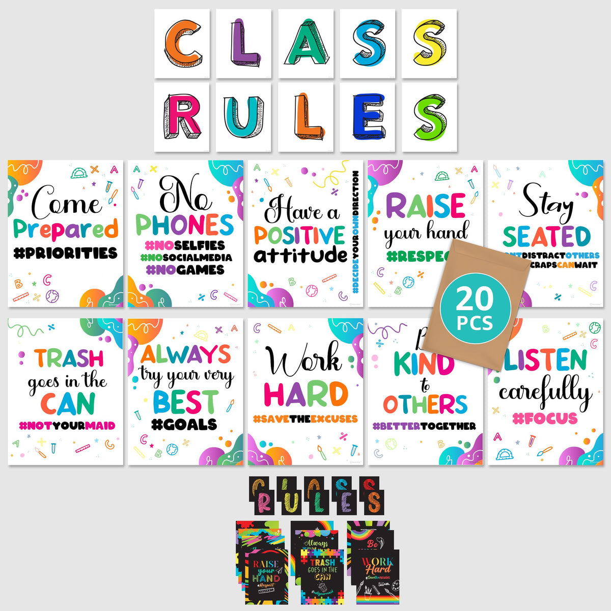 Decorably Class Rules Posters for Classroom High School - 20 Classroom Rules Poster Elementary School, Classroom Expectations Poster Middle School, Class Rules Poster for Classroom