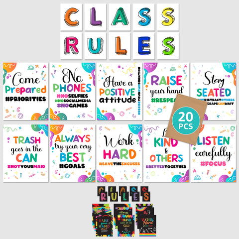Decorably Class Rules Posters for Classroom High School - 20 Classroom Rules Poster Elementary School, Classroom Expectations Poster Middle School, Class Rules Poster for Classroom