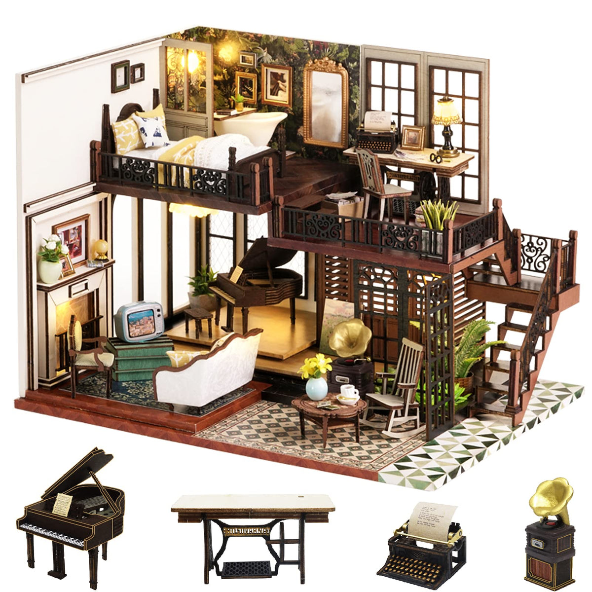 Spilay DIY Miniature Dollhouse Wooden Furniture Kit,Handmade Mini Crafts Modern Villa Model with Dust Cover & Music Box,1:24 Scale Creative Doll House Toys (LV002) (Time Impression)