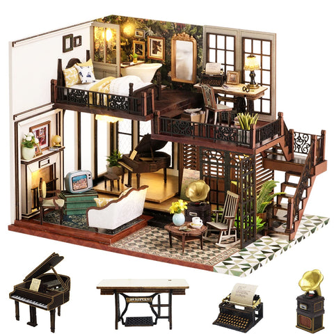 Spilay DIY Miniature Dollhouse Wooden Furniture Kit,Handmade Mini Crafts Modern Villa Model with Dust Cover & Music Box,1:24 Scale Creative Doll House Toys (LV002) (Time Impression)