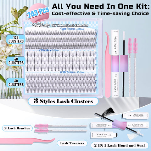 Natural Lash Clusters Kit Lash Extension Kit 243 Pcs Wispy DIY Eyelash Extension Kit Individual Lashes Kit CC Curl 8-14MM Cluster Eyelashes for Beginner by Newcally