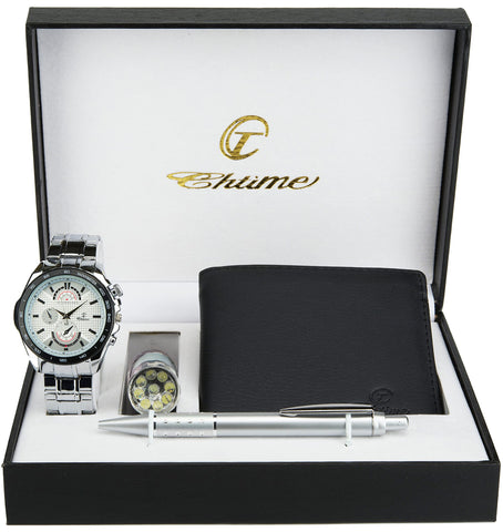 Gift Set Men's Watch White- LED Lamp LED- Wallet -Pen, White, Modern