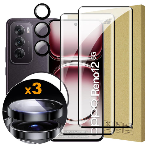 Lemxiee 3D Tempered Glass for OPPO Reno 12 Screen Protector [2+1 Pack] Camera Lens Protector Film and HD Tempered Glass Screen Protector for OPPO Reno 12