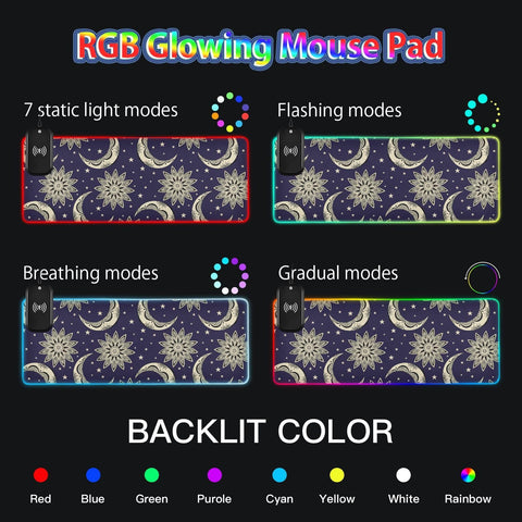 Boho Vintage Moon Sun Stars Wireless Charging Mouse Pad for Mobile Phone Extra Large Gaming Mousepad with 13 Lighting Modes Keyboard Mat for Gaming MacBook PC Laptop Desk Office Home