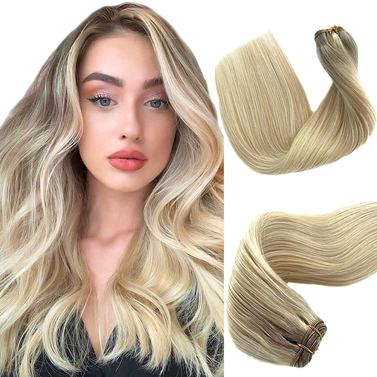 Sew in Hair Extensions Real Human Hair Ombre Balayage Beige Blonde Mix Medium Blonde to Platinum Blonde Human Hair Weave Bundles for White Women Hand Tied Weft Hair Extensions Human Hair 12 Inch