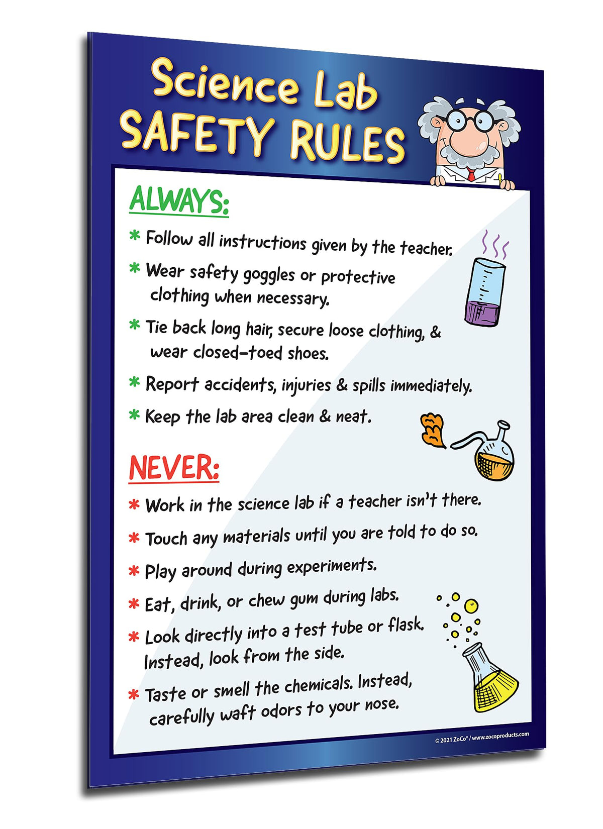 ZOCO - Science Lab Safety Rules Poster (12x18, Laminated) - Kids Science Posters for Middle School, High School - Chemistry, Laboratory Classroom Decor