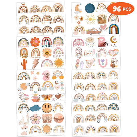 Boho Rainbow Temporary Tattoos Birthday Party Supplies Decorations 96 PCS Tattoos Stickers Bohemian Cute Party Favors Kids Boys Girls Gifts Ideas Classroom School Prizes Themed
