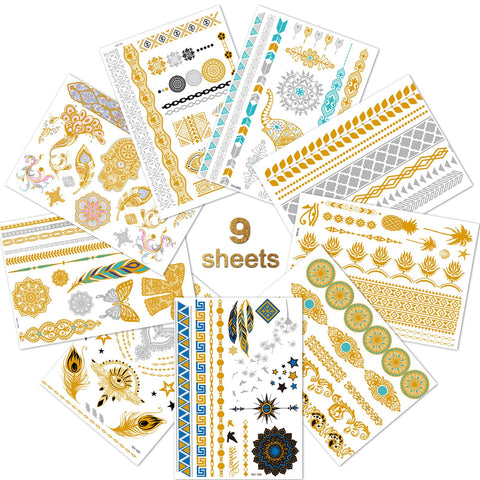 9 Sheets Metallic Gold Henna Temporary Tattoos 80+ Mandala Tattoos Flowers, Mandalas, Elephants Waterproof Nontoxic Long Lasting for Beach, Festivals, & Parties