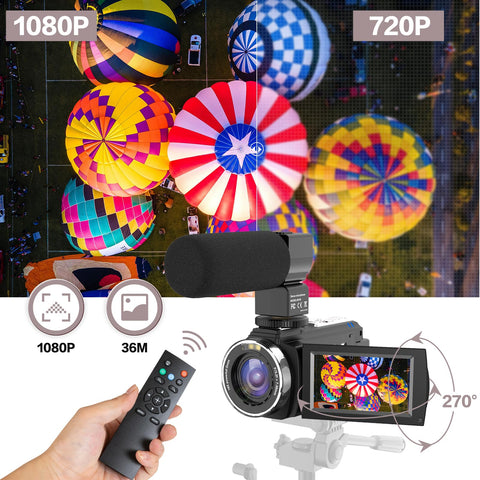 CUTELULY Video Camera Camcorder,HD 1080P 30FPS 36MP 270°Degree Rotation,16X Zoom Digital Camera, Night Vision Vlogging Camera for YouTube with External Microphone,Lens Hood, Remote Control, Stabilizer