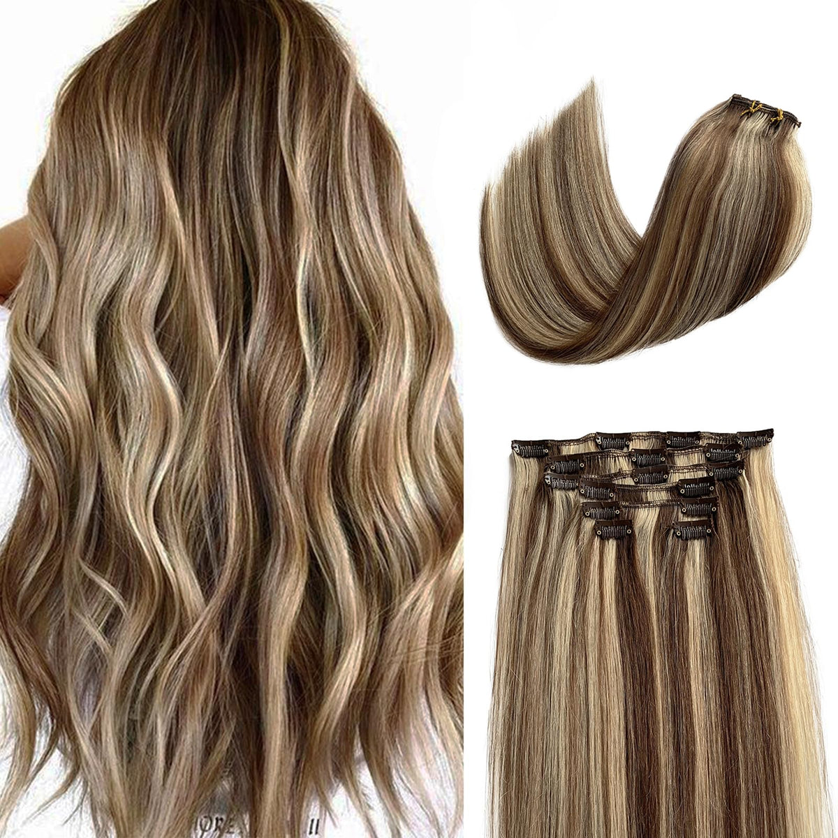 Clip in Hair Extensions Human Hair Medium Brown with Bleach Blonde Seamless Clip in Human Hair Extensions 14 Inch 70G Silky Straight Highlights Clip in Brown and Blonde Remy Hair Extensions