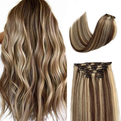 Clip in Hair Extensions Human Hair Medium Brown with Bleach Blonde Seamless Clip in Human Hair Extensions 14 Inch 70G Silky Straight Highlights Clip in Brown and Blonde Remy Hair Extensions