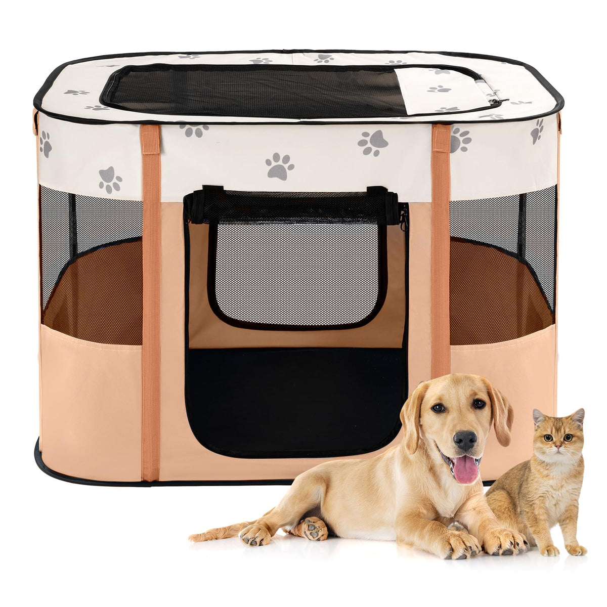 Avont Portable Dog Cat Playpen, Foldable Pop Up Pet Play Pen Travel Crate with Floor and Mesh Door Top for Indoor Outdoor Collapsible Tent Cage -M, Orange