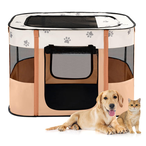 Avont Portable Dog Cat Playpen, Foldable Pop Up Pet Play Pen Travel Crate with Floor and Mesh Door Top for Indoor Outdoor Collapsible Tent Cage -M, Orange