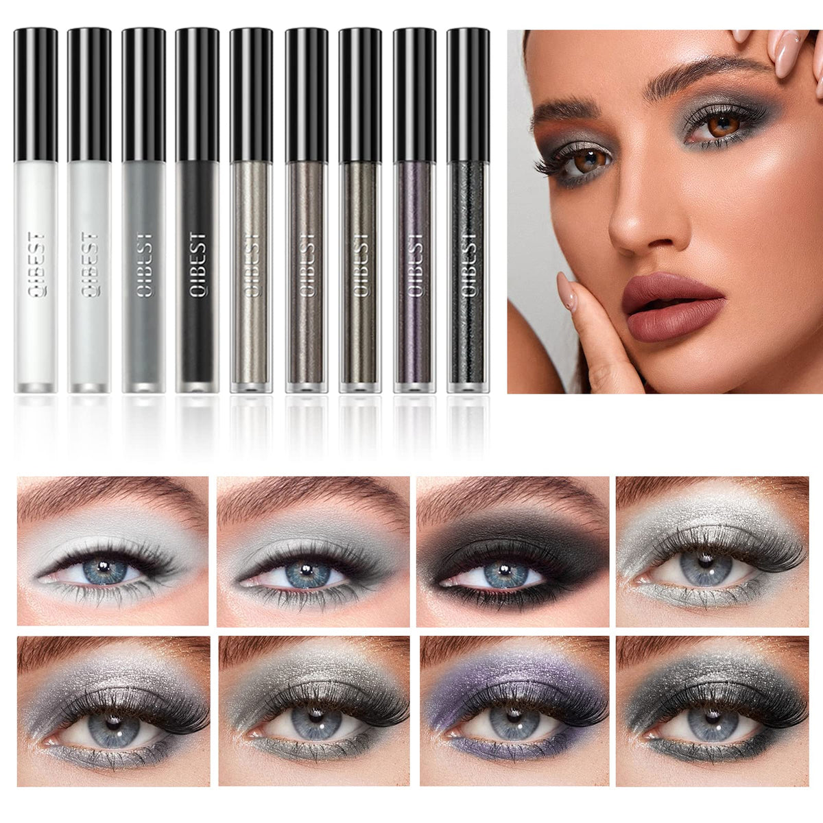HOSAILY Black Smoky Liquid Eyeshadow 9 Colors Black Silver Gray White Creamy Eyeshadow Set Cool Toned Matte Glitter Eye Makeup High Pigmented Waterproof Long Lasting Goth Eyeshadow for Girls and Women