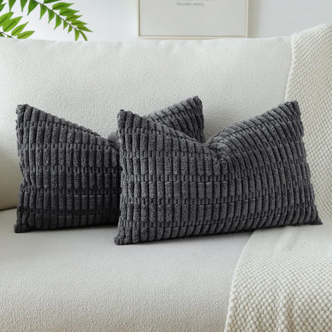 JOTOM Set of 2 Corduroy Soft Striped Cushion Covers 30x50 cm Boho Decorative Throw Pillow Covers Lumbar Cushion Case Couch Home Decor Pillowcases for Sofa Bedroom 12x20 Inch (Dark Grey)