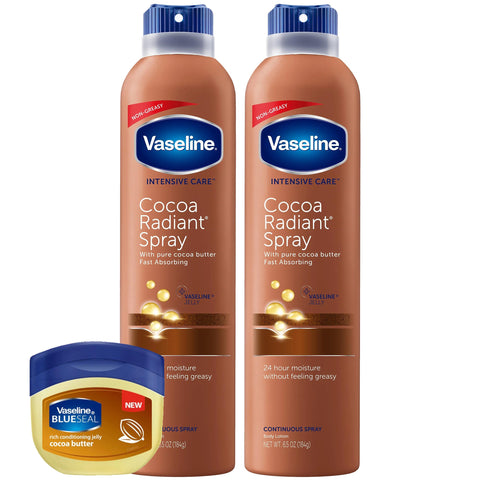 Vaseline Intensive Care Cocoa Butter Radiant Moisturizing Spray, 6.5 Oz (2 Pack) plus Cocoa Butter Petroleum Jelly, 1.7 Oz, Cocoa Butter Skin Care bundle