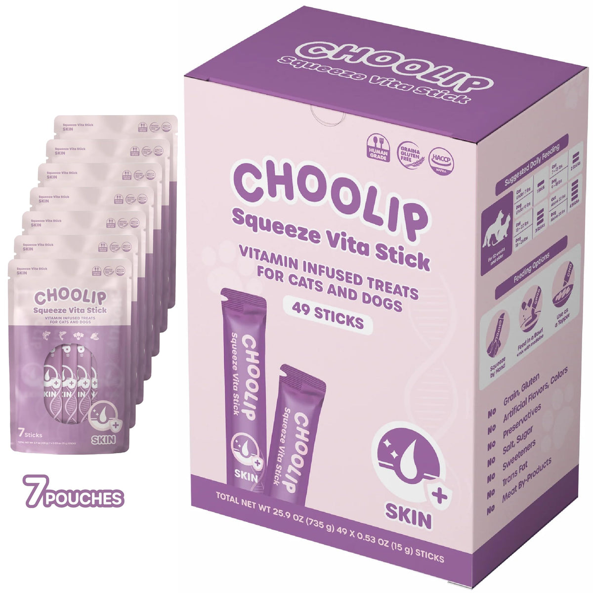 Choolip Squeeze Vita Stick Squeezable Cat Treats Infused with Skin and Coat Cat Vitamins. 49pk Delectable Licks for Cats, Dogs and Kitten Treat! Cat Tube Snack for Reward or Dessert.