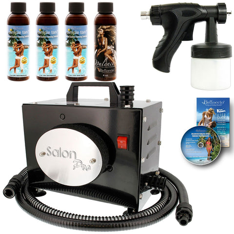 Salon Pro T200-12, 2 Stage Turbine Sunless HVLP Spray Tanning System; Simple Tan 4 Solution Variety Pack & Video Link