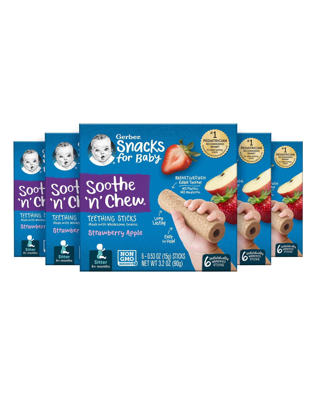 Gerber Soothe N Chew Strawberry Apple Teething Sticks, 5 Boxes of 6 Individually Wrapped Teethers (30 Count)