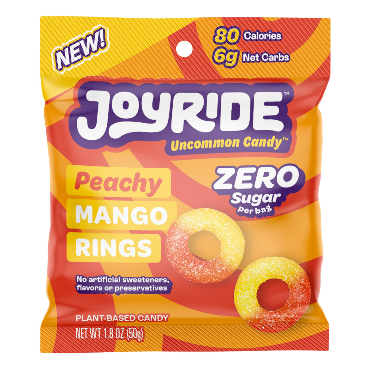 JOYRIDE Sugar-Free Peachy Mango Rings - Keto Gummy Candy with Zero Sugar & 6g Net Carbs - Low Calorie Vegan Snack with No Sugar Alcohols, 1.8oz (Pack of 8)