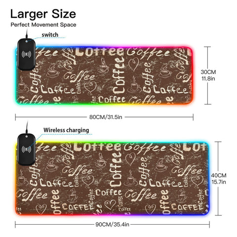 Coffee Cups Wireless Charging Mouse Pad for Mobile Phone Extra Large Gaming Mousepad with 13 Lighting Modes Mouse Mat for Gaming MacBook PC Laptop Desk Office Home