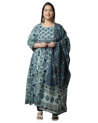 Rajnandini Women's Pure Cambric Cotton Printed Plus Size Kurta Set with Dupatta (JOPLVL218X-XXL_Blue_XXL)