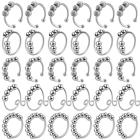 30 Pcs Anxiety Fidget Ring for Women Stainless Steel Adjustable Spinner Ring with Beads for Men women Adults Stress Relief(Silver)