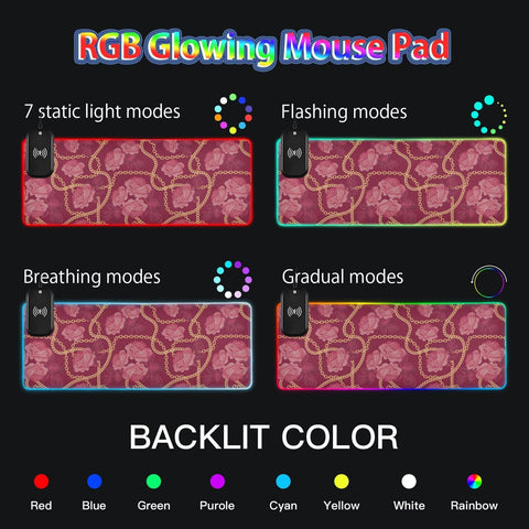 Golden Chains Red Rose Wireless Charging Mouse Pad for Mobile Phone Extra Large Gaming Mousepad with 13 Lighting Modes Computer Mat for Gaming MacBook PC Laptop Desk Office Home