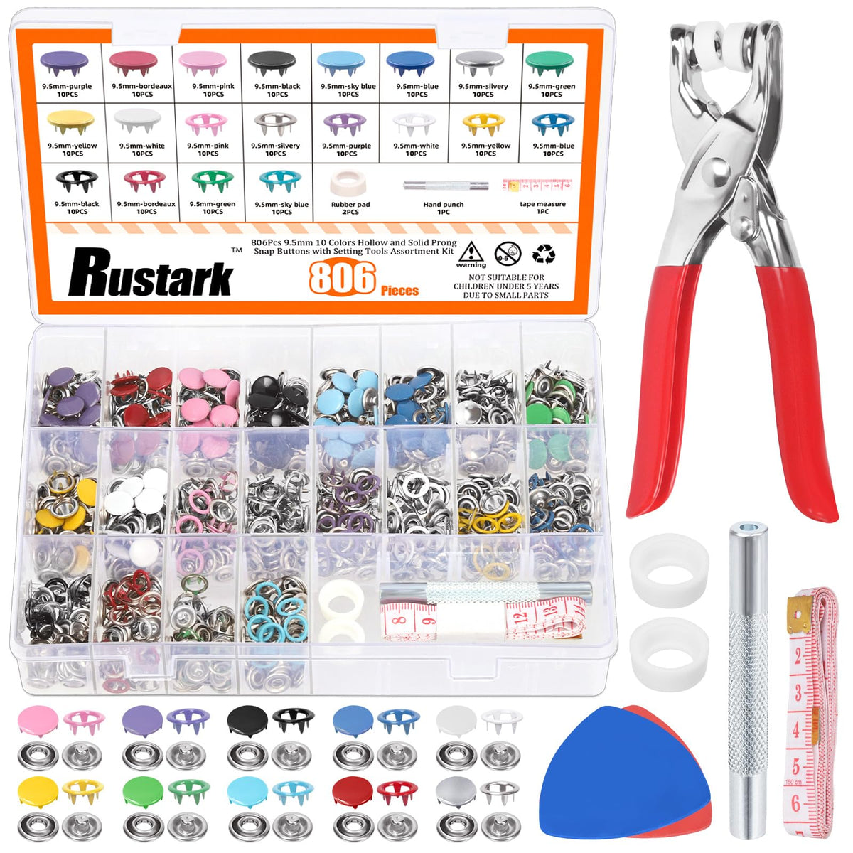 Rustark 808Pcs 10 Colors Snap Button Fastener with Pliers Tool Kit Includes 9.5mm Hollow and Solid Prong Snap Buttons, Snaps Pliers, Punching Tool, Ruler and Sewing Chalk for DIY Sewing Crafting
