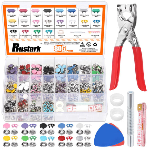 Rustark 808Pcs 10 Colors Snap Button Fastener with Pliers Tool Kit Includes 9.5mm Hollow and Solid Prong Snap Buttons, Snaps Pliers, Punching Tool, Ruler and Sewing Chalk for DIY Sewing Crafting