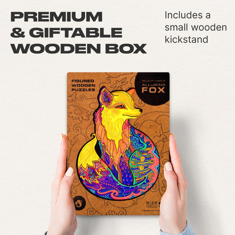 UNIDRAGON Wooden Jigsaw Puzzles - Alluring Fox, 103 pcs, Small 7"x9.2", Beautiful Gift Package, Unique Shape Best Gift for Adults and Kids