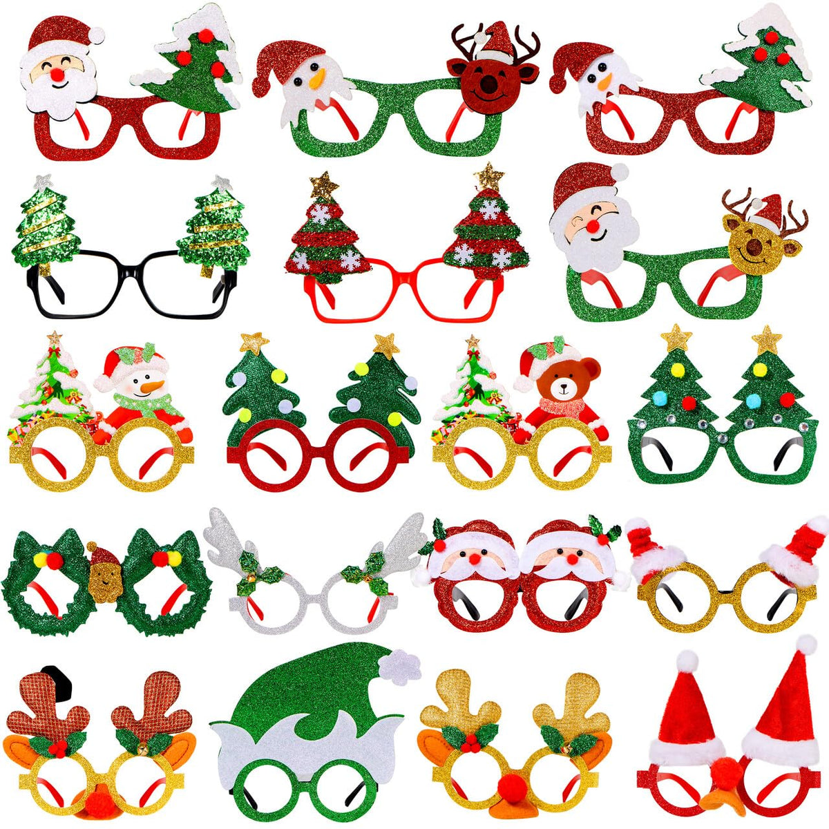 JOYIN 18 Packs Christmas Glasses Glitter Frame Costume Eyeglasses for Kids Women Men Christmas Party Supplies and Party Favors, Assorted Styles Xmas Holiday Favors Photo Booth (One Size Fits All)