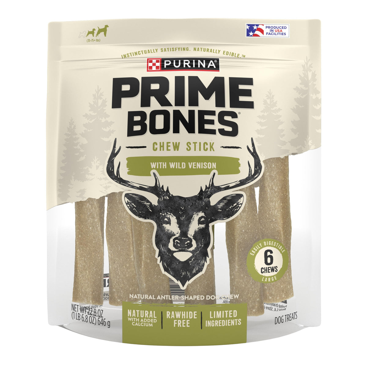 Prime Bones Purina Made in USA Facilities Limited Ingredient Natural Large Dog Treats, Chew Stick with Wild Venison - 6 ct. Pouch