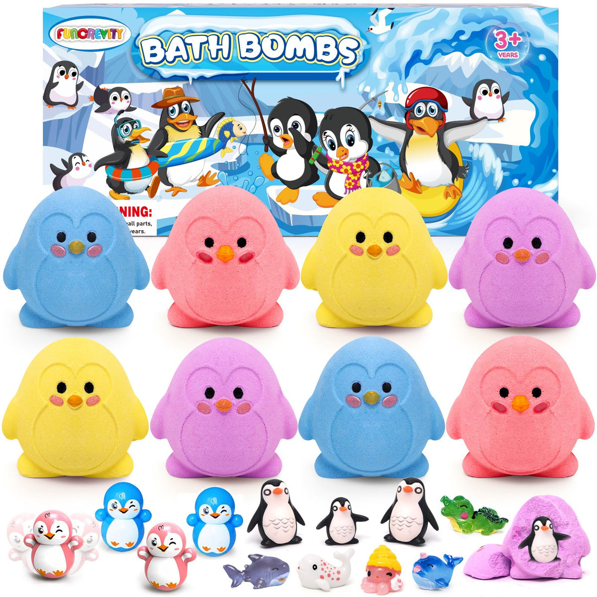 Bath Bombs for Kids with Surprise Inside,8 Pack Kids Bath Bombs Gift Set, Natural and Organic Bubble Bath Kids Fizzy with Bath Toys, Kids Birthday Gifts for Girls Boys (Penguin)