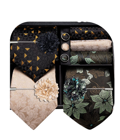 Dubulle Lot 3 PCS Classic Men's Silk Tie Set Paisley Stripe Necktie for Men Pocket Square Gift Box Multiple Sets,Sage Green Beige Mix