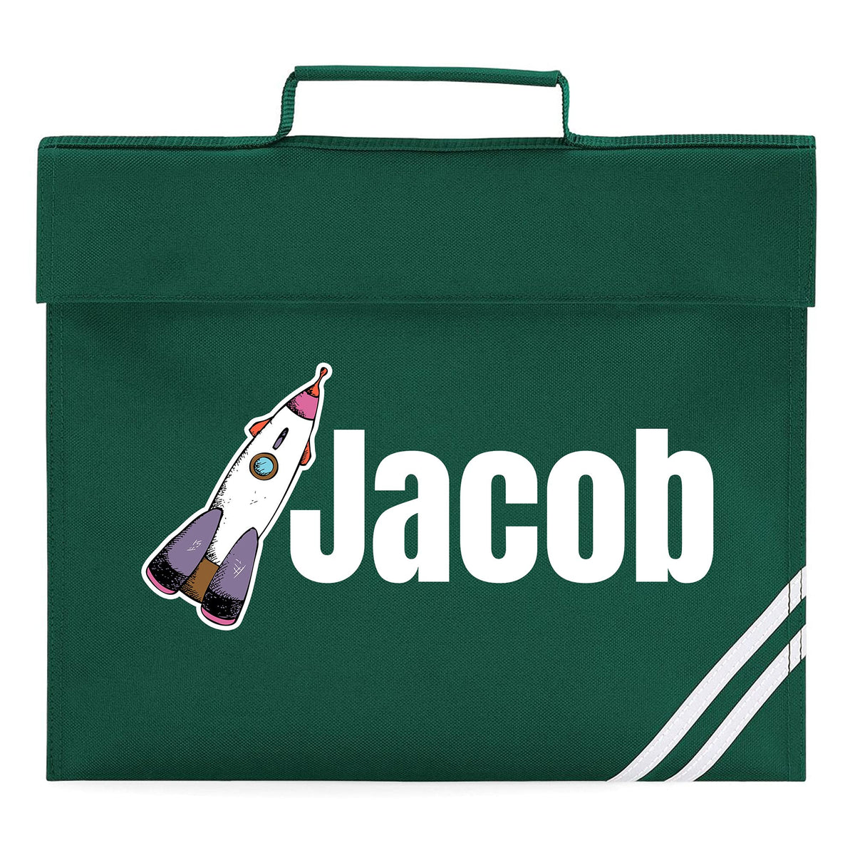 Purple Print House Boys Book Bags for School Boy - Custom Name Rocket Book Bag Book Bag - Personalised Back to School Gifts for Spaceship Mad School Boy - Primary and Secondary School, Bottle Green