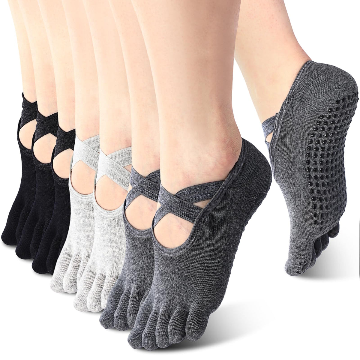 SATINIOR 7 Pairs Yoga Toe Socks with Grip Women Non Slip Sticky Full Toe Socks for Pilates, Ballet, Dance, Barefoot (Black, Gray)