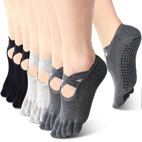 SATINIOR 7 Pairs Yoga Toe Socks with Grip Women Non Slip Sticky Full Toe Socks for Pilates, Ballet, Dance, Barefoot (Black, Gray)
