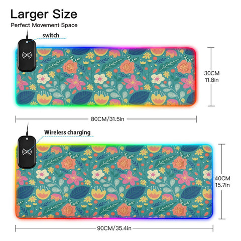 Flower Leaves Wireless Charging Mouse Pad for Mobile Phone Extra Large Gaming Mousepad with 13 Lighting Modes Mouse Mat for MacBook PC Laptop Desk Office Home Gaming
