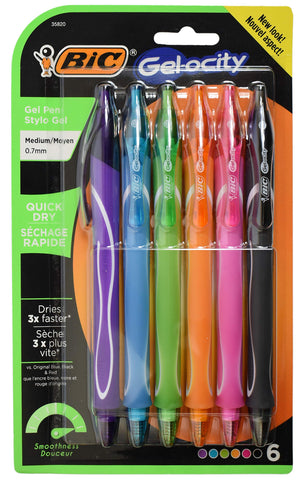 BIC Gel-ocity Quick Dry Fashion Retractable Gel Pens, Medium Point 6ct