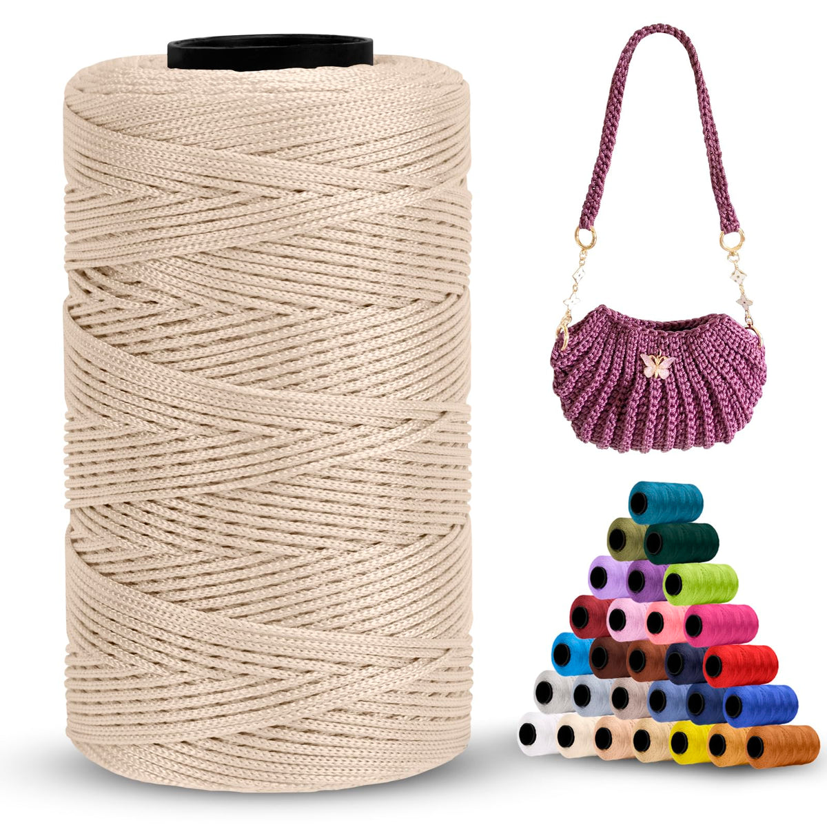 LEREATI Polyester Macrame Cord 1mm x 230m Polyester Yarn for Crocheting Braided Polypropylene Cord Crochet Bag Cord Macrame Yarn for Crocheting, Handbag, Beading, DIY Crafts (Khaki White)