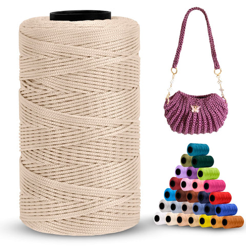 LEREATI Polyester Macrame Cord 1mm x 230m Polyester Yarn for Crocheting Braided Polypropylene Cord Crochet Bag Cord Macrame Yarn for Crocheting, Handbag, Beading, DIY Crafts (Khaki White)