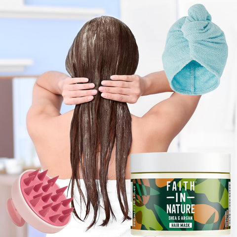 Argan Oil Hair Mask Bundle With Faith in Nature Shea & Argan Hair Mask 300ml and Rab Gifts Hair Wrap and Massage Brush